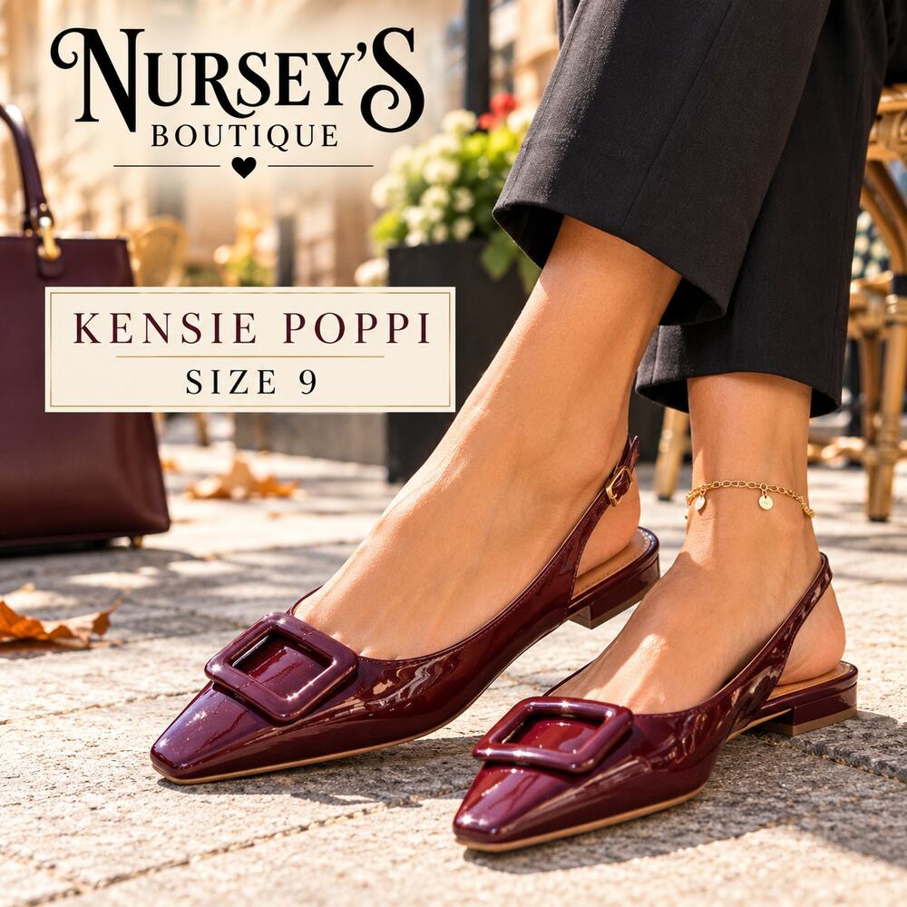 Kensie Poppi Womens 9 Burgundy Patent Slingback Pointed Toe Buckle Flats